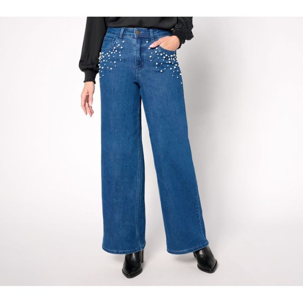 Me by Jennie Garth Women's Petite Pants 10P Indigo Pet Wide Leg Jean Blue